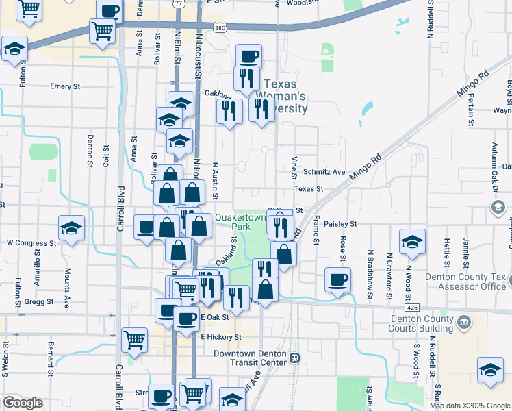 map of restaurants, bars, coffee shops, grocery stores, and more near 418 Texas Street in Denton