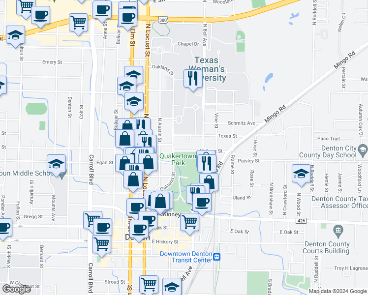 map of restaurants, bars, coffee shops, grocery stores, and more near 306 Texas Street in Denton