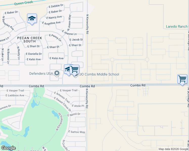map of restaurants, bars, coffee shops, grocery stores, and more near 37501-38219 North Kenworthy Road in San Tan Valley