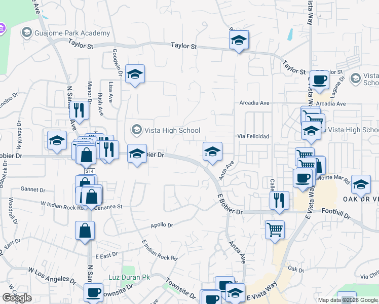 map of restaurants, bars, coffee shops, grocery stores, and more near 584 East Bobier Drive in Vista