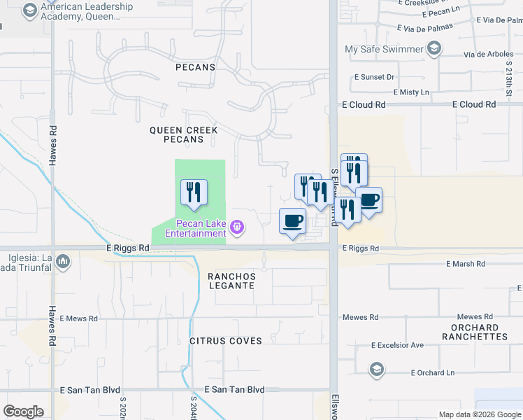 map of restaurants, bars, coffee shops, grocery stores, and more near 24910 South Ellsworth Road in Queen Creek