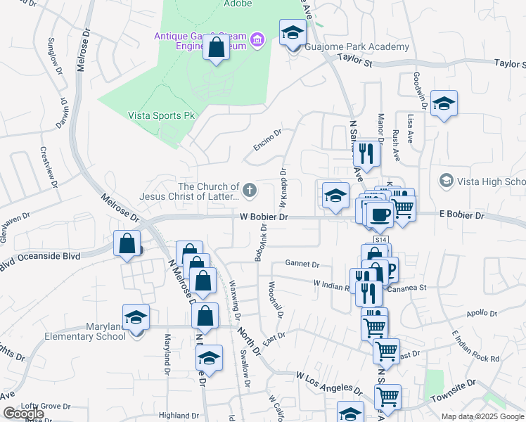 map of restaurants, bars, coffee shops, grocery stores, and more near 421 West Bobier Drive in Vista