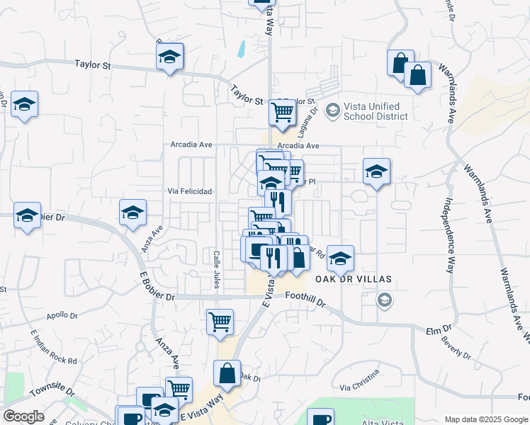 map of restaurants, bars, coffee shops, grocery stores, and more near 1010 East Bobier Drive in Vista