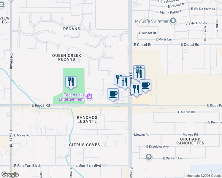 map of restaurants, bars, coffee shops, grocery stores, and more near 20668 East Natalie Way in Queen Creek
