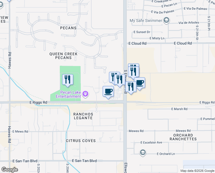 map of restaurants, bars, coffee shops, grocery stores, and more near 20668 East Natalie Way in Queen Creek