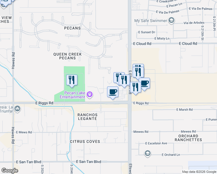 map of restaurants, bars, coffee shops, grocery stores, and more near 20668 East Natalie Way in Queen Creek