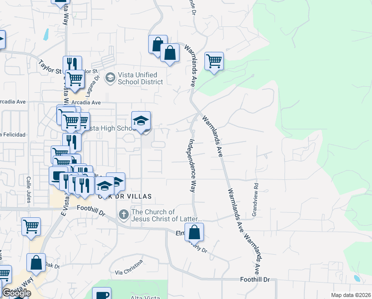 map of restaurants, bars, coffee shops, grocery stores, and more near 1530 Independence Way in Vista
