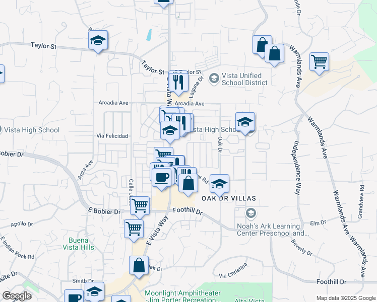map of restaurants, bars, coffee shops, grocery stores, and more near 1506 Oak Drive in Vista