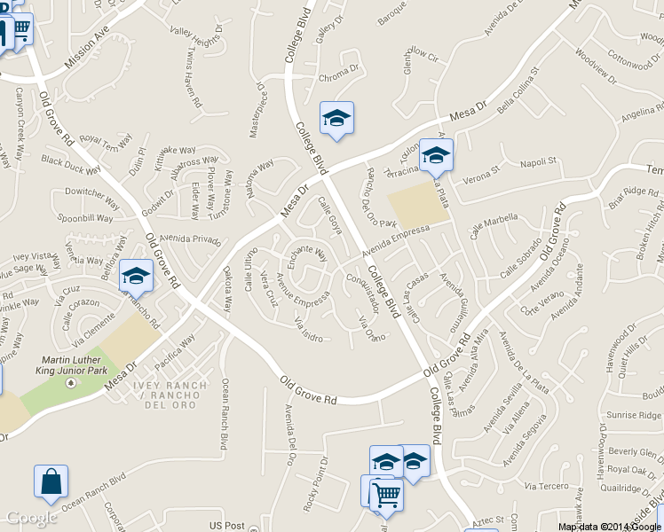 map of restaurants, bars, coffee shops, grocery stores, and more near 1328 Enchante Way in Oceanside