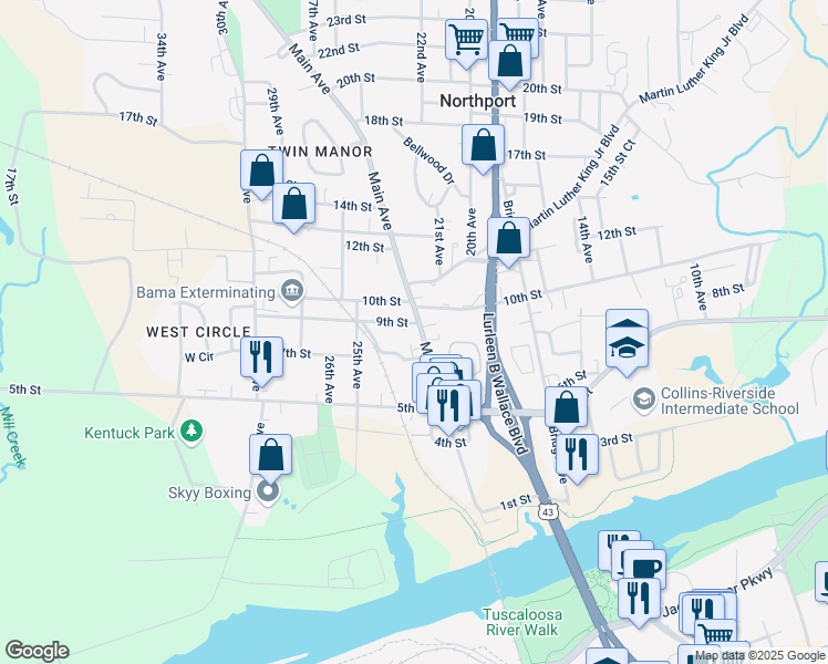 map of restaurants, bars, coffee shops, grocery stores, and more near 903 Main Avenue in Northport