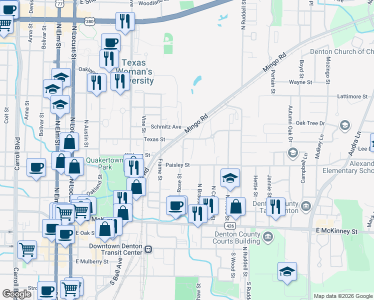 map of restaurants, bars, coffee shops, grocery stores, and more near 803 Texas Street in Denton