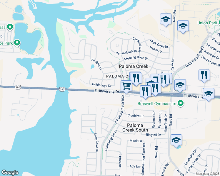 map of restaurants, bars, coffee shops, grocery stores, and more near 1228 Goldeneye Drive in Aubrey