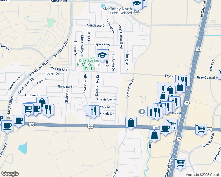 map of restaurants, bars, coffee shops, grocery stores, and more near 2407 Ridgevalley Drive in McKinney