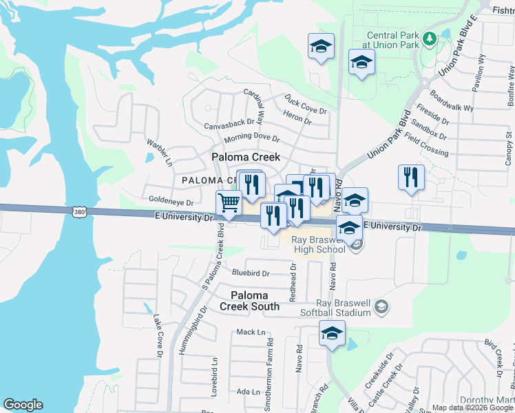 map of restaurants, bars, coffee shops, grocery stores, and more near 26735 U.S. 380 in Aubrey