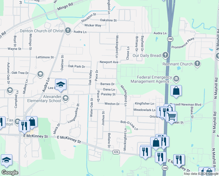 map of restaurants, bars, coffee shops, grocery stores, and more near 2900 Barnes Drive in Denton