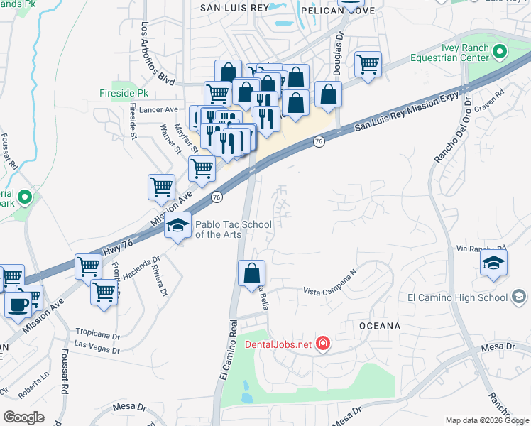 map of restaurants, bars, coffee shops, grocery stores, and more near 299 Stage Coach Road in Oceanside
