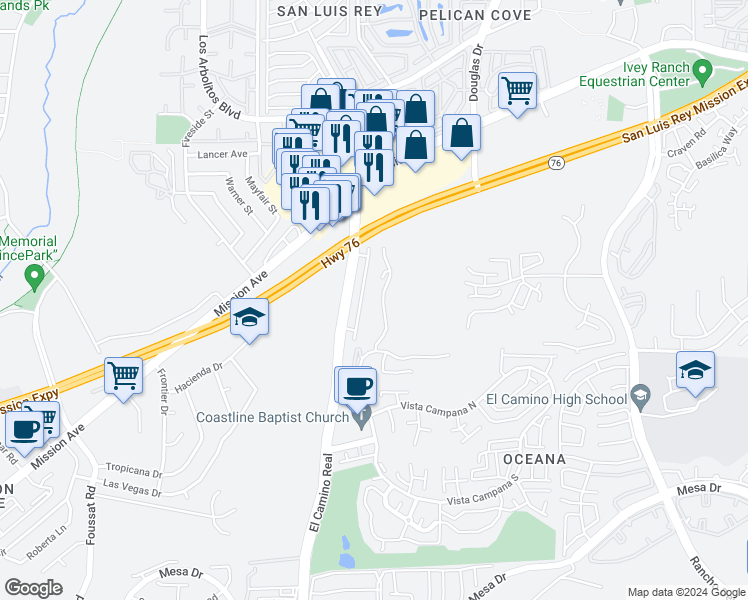 map of restaurants, bars, coffee shops, grocery stores, and more near 265 Stage Coach in Oceanside