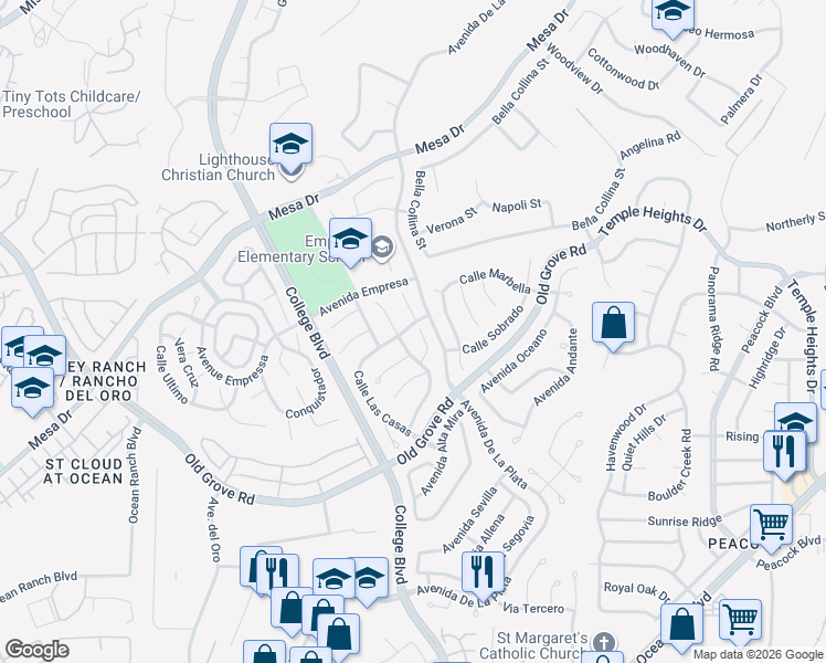 map of restaurants, bars, coffee shops, grocery stores, and more near 1589 Via Botero in Oceanside