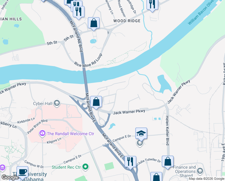 map of restaurants, bars, coffee shops, grocery stores, and more near 530 7th Avenue Northeast in Tuscaloosa