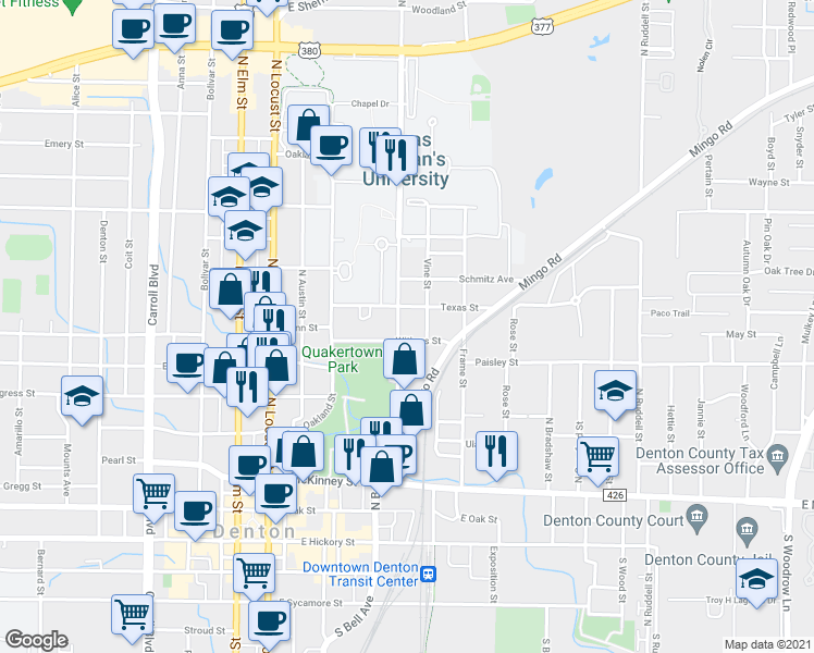 map of restaurants, bars, coffee shops, grocery stores, and more near 520 Texas Street in Denton