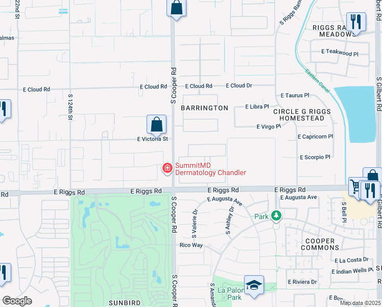map of restaurants, bars, coffee shops, grocery stores, and more near 2082 East Scorpio Place in Chandler