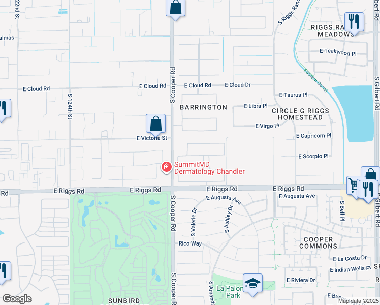 map of restaurants, bars, coffee shops, grocery stores, and more near 2082 East Scorpio Place in Chandler