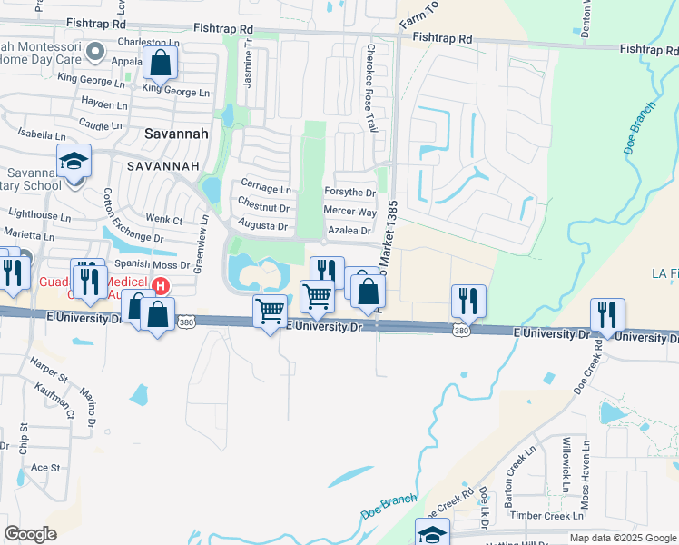 map of restaurants, bars, coffee shops, grocery stores, and more near 703 Farm to Market Road 1385 in Aubrey