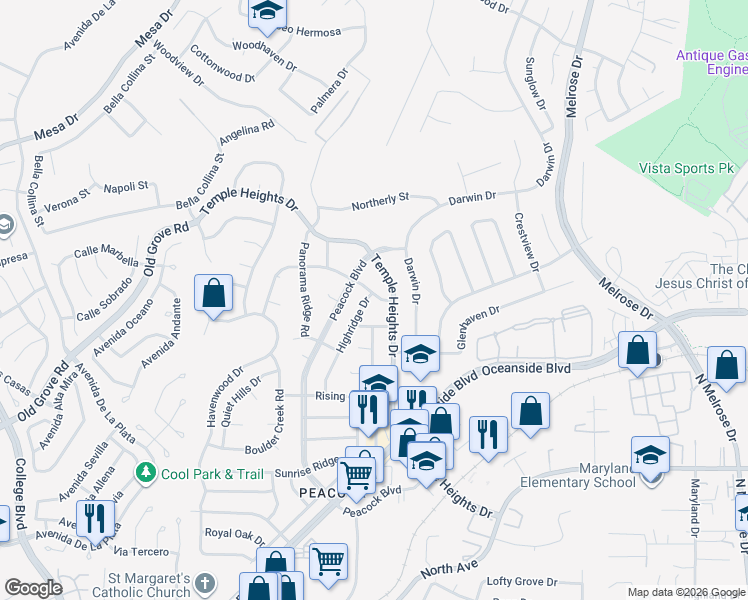 map of restaurants, bars, coffee shops, grocery stores, and more near 1402 Highridge Drive in Oceanside