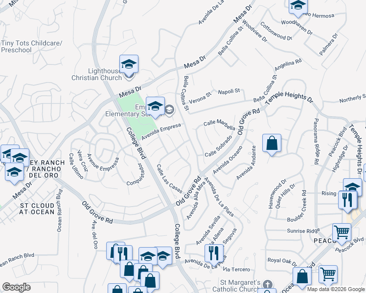map of restaurants, bars, coffee shops, grocery stores, and more near 1589 Via Botero in Oceanside