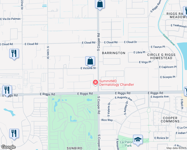 map of restaurants, bars, coffee shops, grocery stores, and more near 2193 East Scorpio Place in Chandler