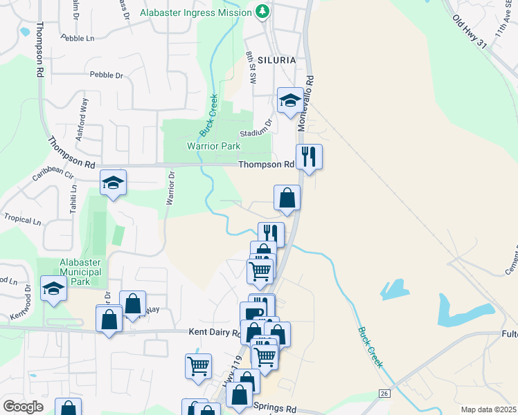 map of restaurants, bars, coffee shops, grocery stores, and more near 9871 Highway 119 in Alabaster