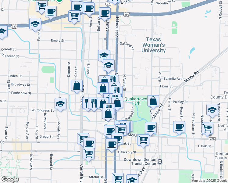 map of restaurants, bars, coffee shops, grocery stores, and more near 829 North Locust Street in Denton