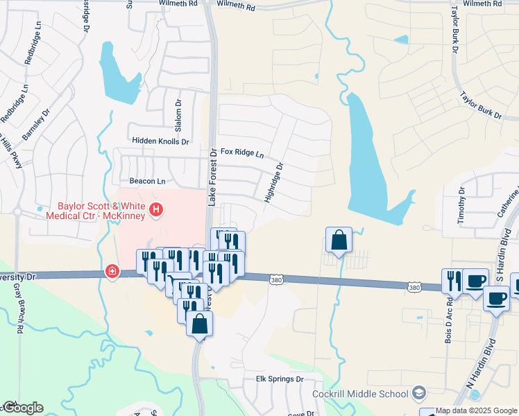map of restaurants, bars, coffee shops, grocery stores, and more near 2301 Highridge Drive in McKinney