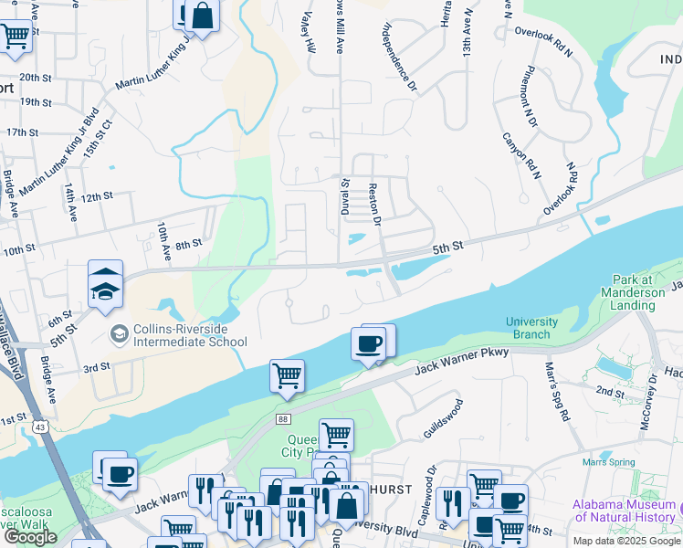 map of restaurants, bars, coffee shops, grocery stores, and more near 1810 Rice Mine Road North in Tuscaloosa