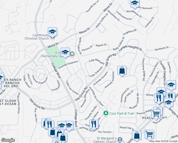 map of restaurants, bars, coffee shops, grocery stores, and more near 1424 Calle Marbella in Oceanside