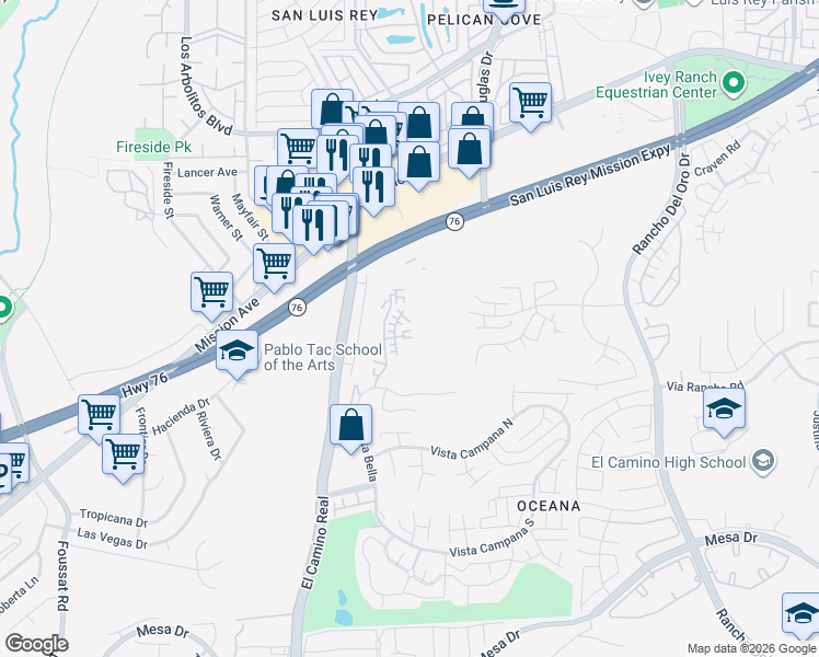 map of restaurants, bars, coffee shops, grocery stores, and more near 100-398 Stage Coach Road in Oceanside