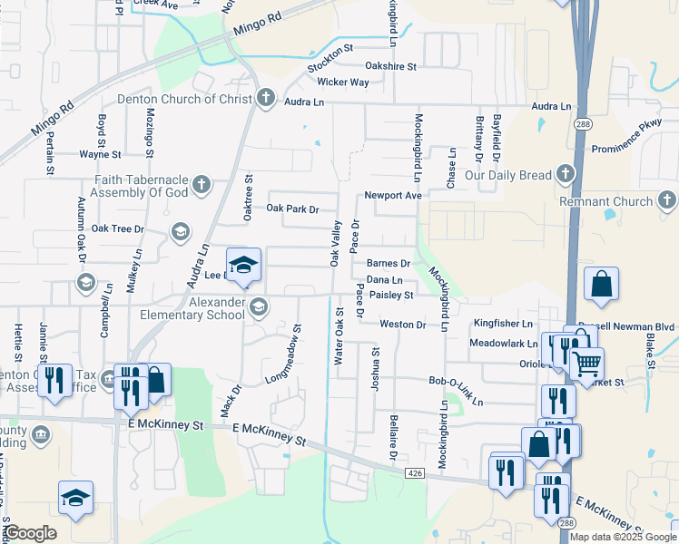 map of restaurants, bars, coffee shops, grocery stores, and more near 605 Pace Drive in Denton