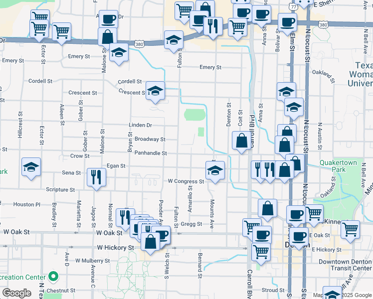 map of restaurants, bars, coffee shops, grocery stores, and more near 898 Fulton Street in Denton