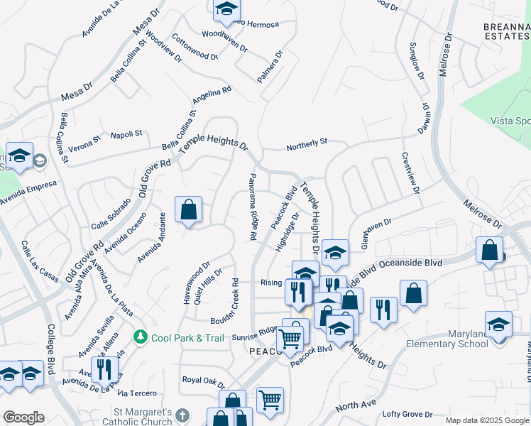 map of restaurants, bars, coffee shops, grocery stores, and more near 1406 Panorama Ridge Road in Oceanside