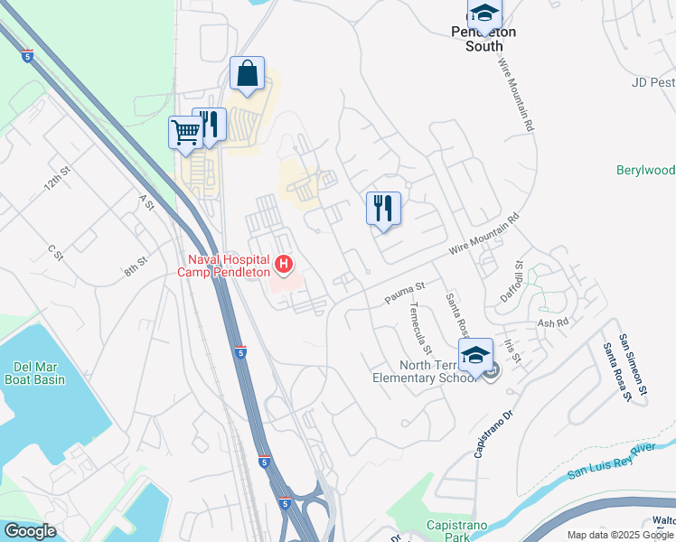 map of restaurants, bars, coffee shops, grocery stores, and more near 98 San Jacinto Road in Oceanside
