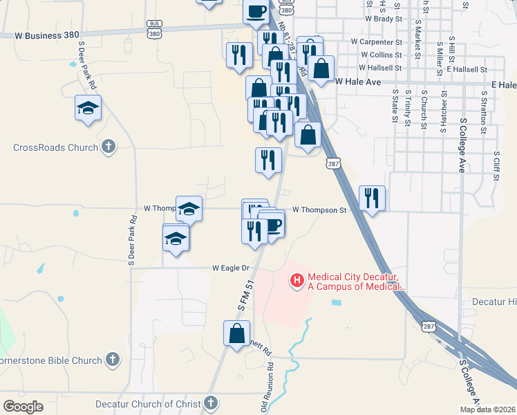 map of restaurants, bars, coffee shops, grocery stores, and more near 900 West Thompson Street in Decatur