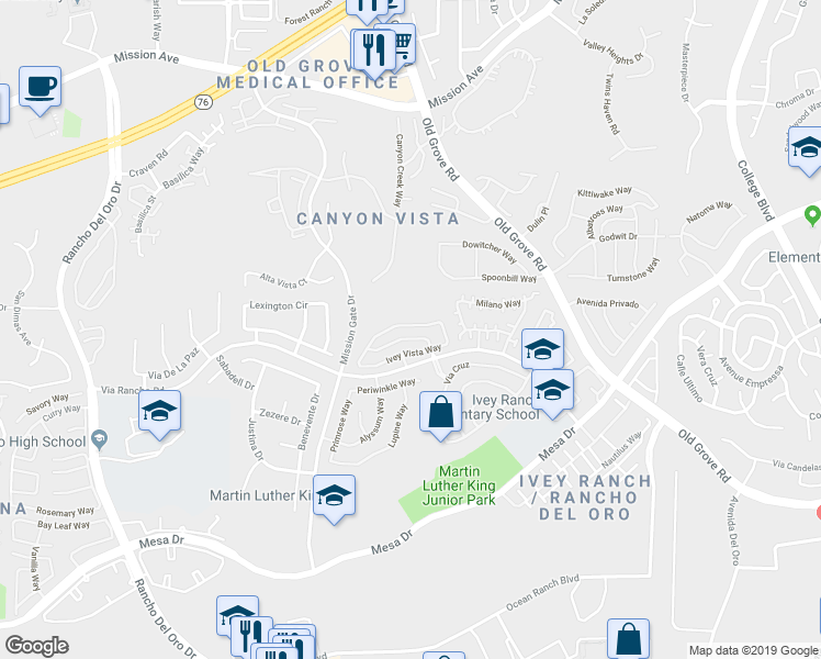 map of restaurants, bars, coffee shops, grocery stores, and more near 4067 Ivey Vista Way in Oceanside