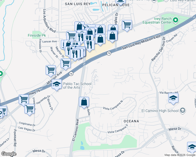 map of restaurants, bars, coffee shops, grocery stores, and more near 100-398 Stage Coach Road in Oceanside