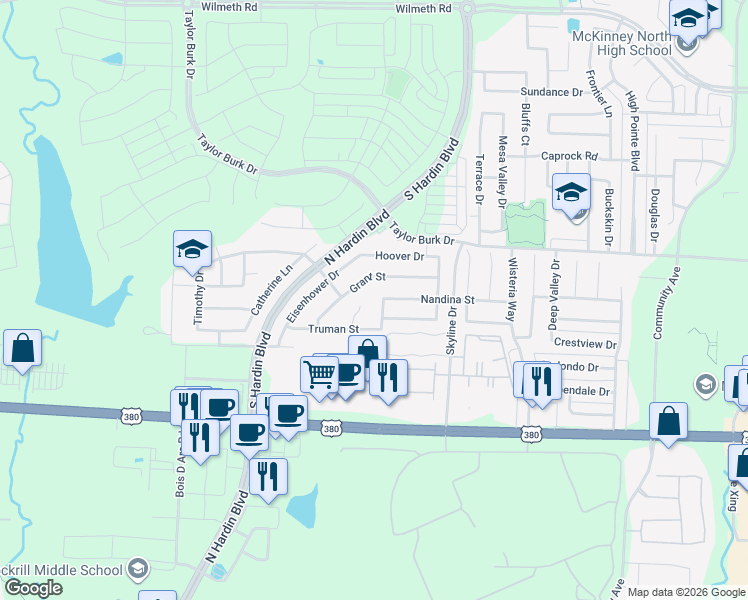 map of restaurants, bars, coffee shops, grocery stores, and more near 3224 Nandina Street in McKinney