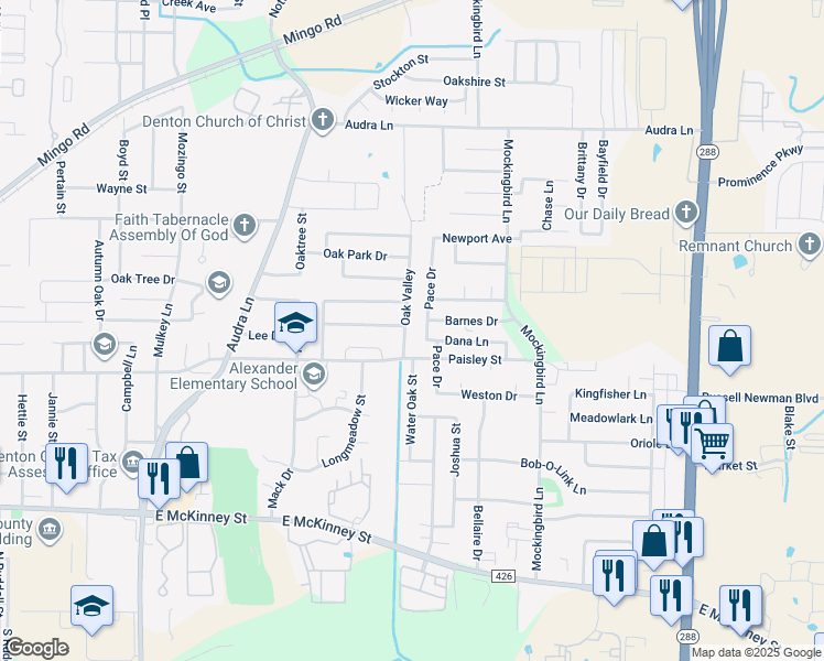 map of restaurants, bars, coffee shops, grocery stores, and more near 605 Pace Drive in Denton
