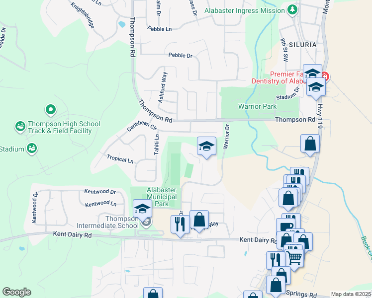 map of restaurants, bars, coffee shops, grocery stores, and more near 100 Warrior Drive in Alabaster