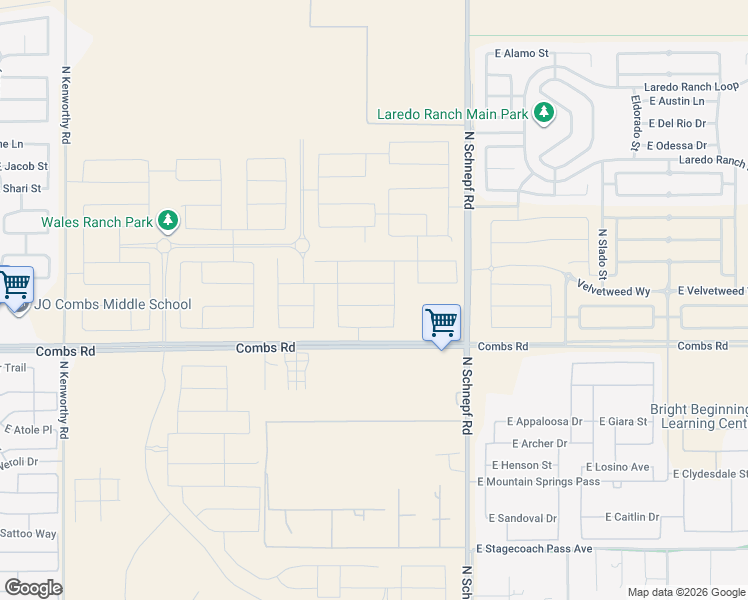 map of restaurants, bars, coffee shops, grocery stores, and more near 2958-3000 East Combs Road in San Tan Valley