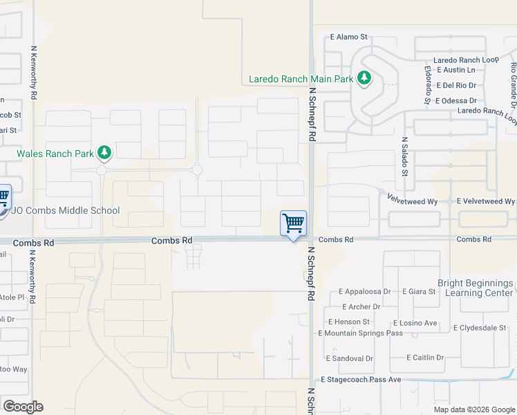 map of restaurants, bars, coffee shops, grocery stores, and more near 2958-3000 East Combs Road in San Tan Valley
