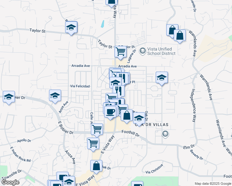 map of restaurants, bars, coffee shops, grocery stores, and more near in Vista