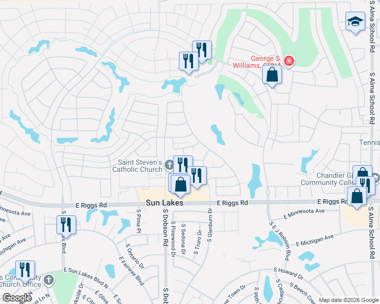 map of restaurants, bars, coffee shops, grocery stores, and more near 24810 South Sedona Drive in Sun Lakes